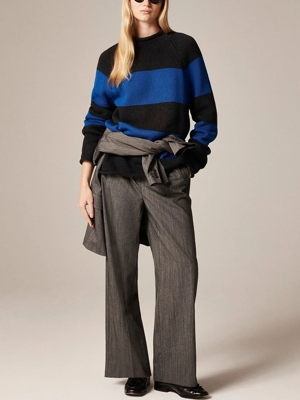 J. Crew 1988 Rollneck sweater in cotton hoop stripe Hthr Black Regal Blue Sz M